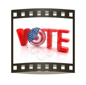 Image relative to parliament, presidents and others elections. Vote text, sphere instead letter O textured by USA flag. 3d render. The film strip