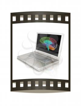 creative three-dimensional model of  human brain scan on a digital laptop. 3d render. The film strip