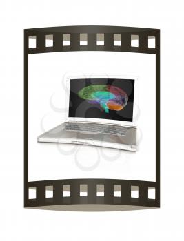creative three-dimensional model of  human brain scan on a digital laptop. 3d render. The film strip