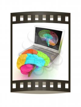 creative three-dimensional model of real human brain and scan on a digital laptop. 3d render. The film strip