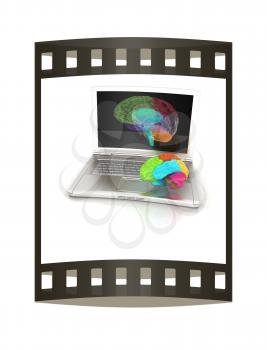 creative three-dimensional model of real human brain and scan on a digital laptop. 3d render. The film strip