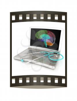 Laptop, brain and Stethoscope. 3d illustration. The film strip