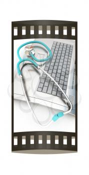 silver laptop diagnosis with stethoscope. 3D illustration. The film strip