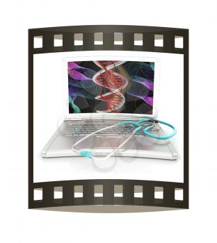 silver laptop diagnosis with stethoscope. 3D illustration. The film strip