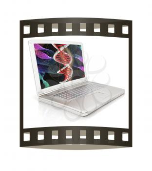 Laptop with dna medical model background on laptop screen. 3d illustration. The film strip
