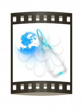 Stethoscope and Earth.3d illustration. The film strip