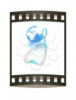 Stethoscope and Earth.3d illustration. The film strip