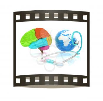 stethoscope, globe, brain - global medical concept. 3d illustration. The film strip