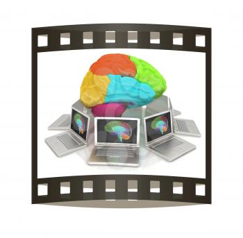 Computers connected to central brain. 3d render. The film strip