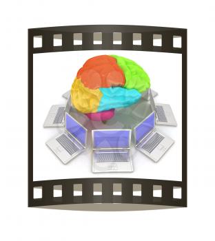 Computers connected to central brain. 3d render. The film strip