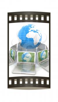 internet, global network, computers around globe. 3d render. The film strip