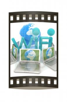 Global concept of  WiFi connectivity between laptops. 3d render. The film strip
