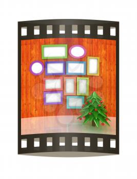 Mock up poster on the wood wall with christmas tree and decorations. 3d illustration. The film strip