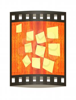 Mock-up of Sticky note paper on a wooden wall. 3D illustration. The film strip