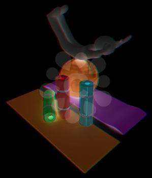 3d man on a karemat with fitness ball. 3D illustration. Anaglyph. View with red/cyan glasses to see in 3D.