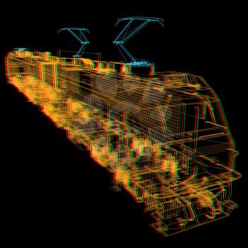 train.3D illustration. Anaglyph. View with red/cyan glasses to see in 3D.