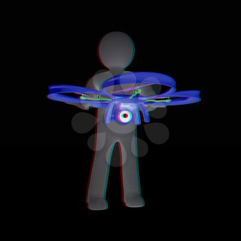 3d man with drone, quadrocopter, with photo camera. 3d render. 3D render. Anaglyph. View with red/cyan glasses to see in 3D.