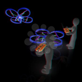 3d man with drone, quadrocopter, with photo camera. 3d render. 3D render. Anaglyph. View with red/cyan glasses to see in 3D.