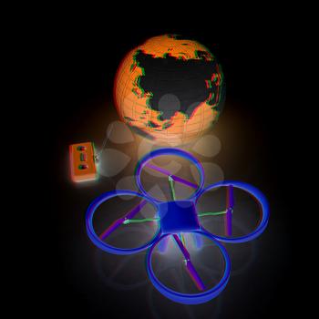 Quadrocopter Drone with Earth Globe and remote controller on a white background. 3d illustration. Anaglyph. View with red/cyan glasses to see in 3D.