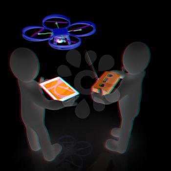 3d white people. Man flying a white drone with camera. 3D render. Anaglyph. View with red/cyan glasses to see in 3D.
