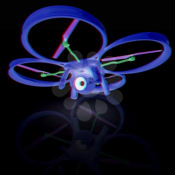 Drone, quadrocopter, with photo camera. 3d render. Anaglyph. View with red/cyan glasses to see in 3D.