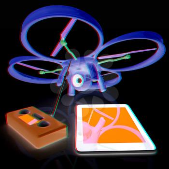 Drone, remote controller and tablet PC. Anaglyph. View with red/cyan glasses to see in 3D.