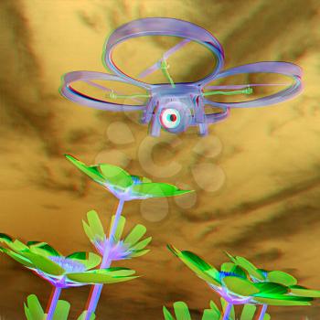 Drone, quadrocopter, with photo camera against the sky and Beautiful Cosmos Flower. 3D illustration. Anaglyph. View with red/cyan glasses to see in 3D.