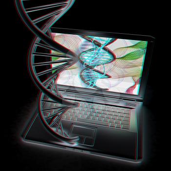 Laptop with dna medical model background on laptop screen. 3d illustration. Anaglyph. View with red/cyan glasses to see in 3D.