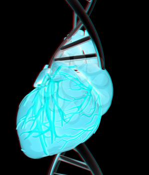 DNA and heart. 3d illustration. Anaglyph. View with red/cyan glasses to see in 3D.