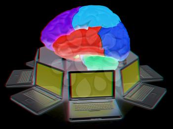 Computers connected to central brain. 3d render. Anaglyph. View with red/cyan glasses to see in 3D.