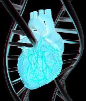 DNA and heart. 3d illustration. Anaglyph. View with red/cyan glasses to see in 3D.