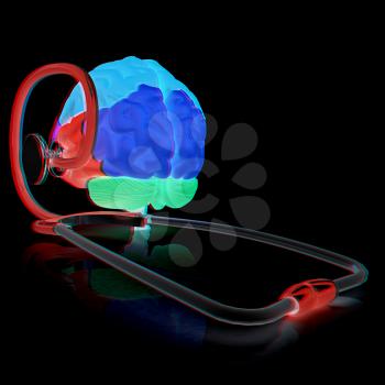 stethoscope and brain. 3d illustration. Anaglyph. View with red/cyan glasses to see in 3D.