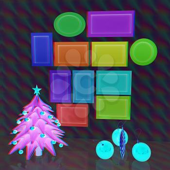 Set of Christmas and New Year frames and Christmas tree. 3D render. Anaglyph. View with red/cyan glasses to see in 3D.