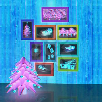 Mock up poster on the wood wall with christmas tree and decorations. 3d illustration. Anaglyph. View with red/cyan glasses to see in 3D.