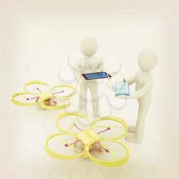 3d white people. Man flying a white drone with camera. 3D render
