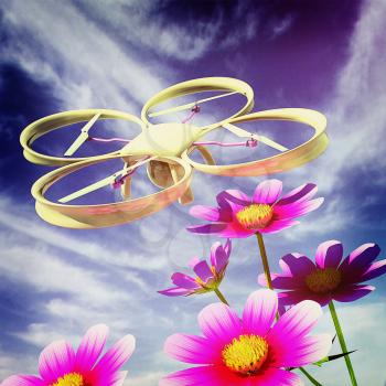 Drone, quadrocopter, with photo camera against the sky and Beautiful Cosmos Flower. 3D illustration