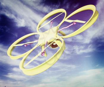 Drone, quadrocopter, with photo camera against the sky. 3D illustration