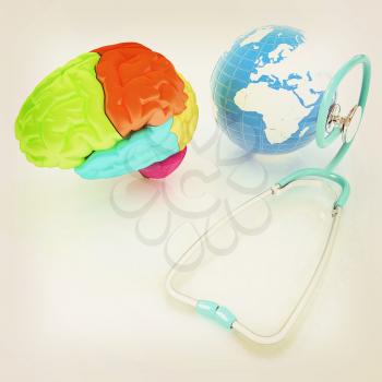 stethoscope, globe, brain - global medical concept. 3d illustration