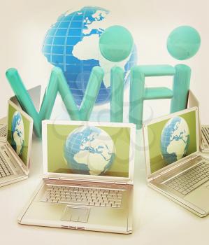 Global concept of  WiFi connectivity between laptops. 3d render