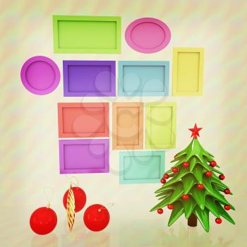 Set of Christmas and New Year frames and Christmas tree. 3D render