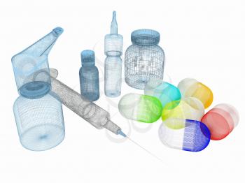 Syringe, tablet, pill jar. 3D illustration