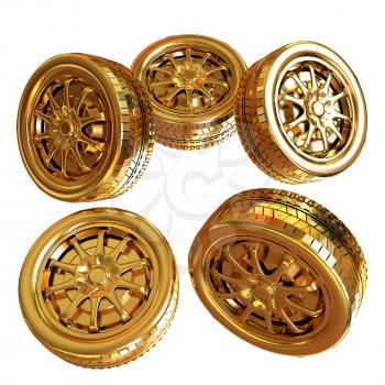 Golden wheels Set isolated on white. Top view. 3d illustration