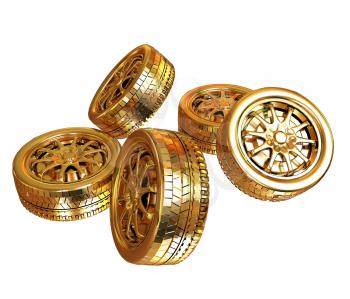 Golden wheels Set isolated on white. Top view. 3d illustration
