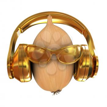 Ripe onion with gold sun glass and gold headphones front face on a white background