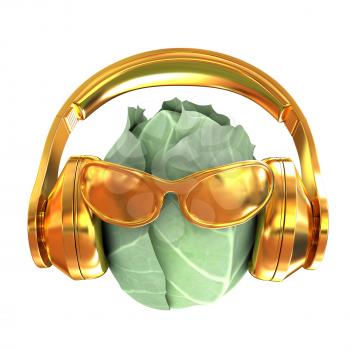 Green cabbage with sun glass and headphones front face on a white background. 3d illustration