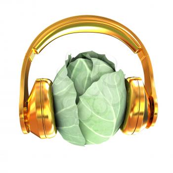 Green cabbage with headphones on a white background. 3d illustration
