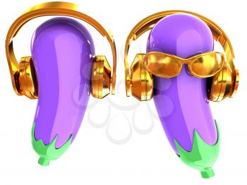 eggplant with sun glass and headphones front face on a white background. Eggplant for farm market, vegetarian salad recipe design. 3d illustration