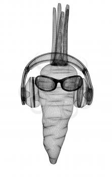 carrot with sun glass and headphones front face on a white background. 3D illustration
