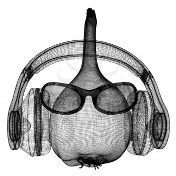 Head of garlic with sun glass and headphones front face on a white background. 3D illustration.