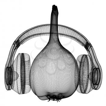 Head of garlic with headphones on a white background. 3D illustration